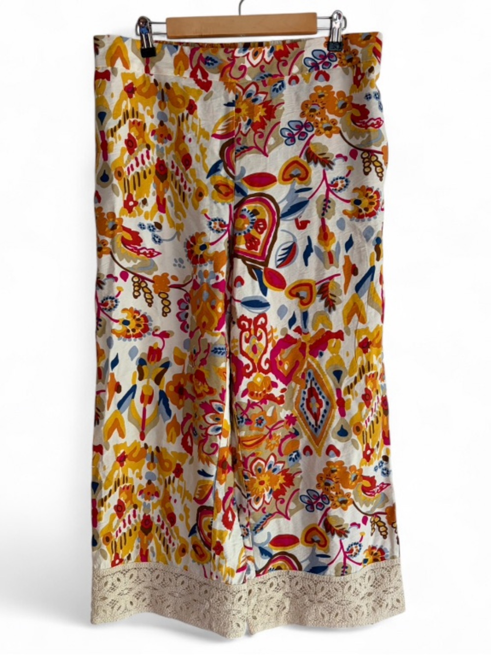 Rachel Zoe Wide Leg Floral Print Crochet Lace Cuff Cropped Pants Size M